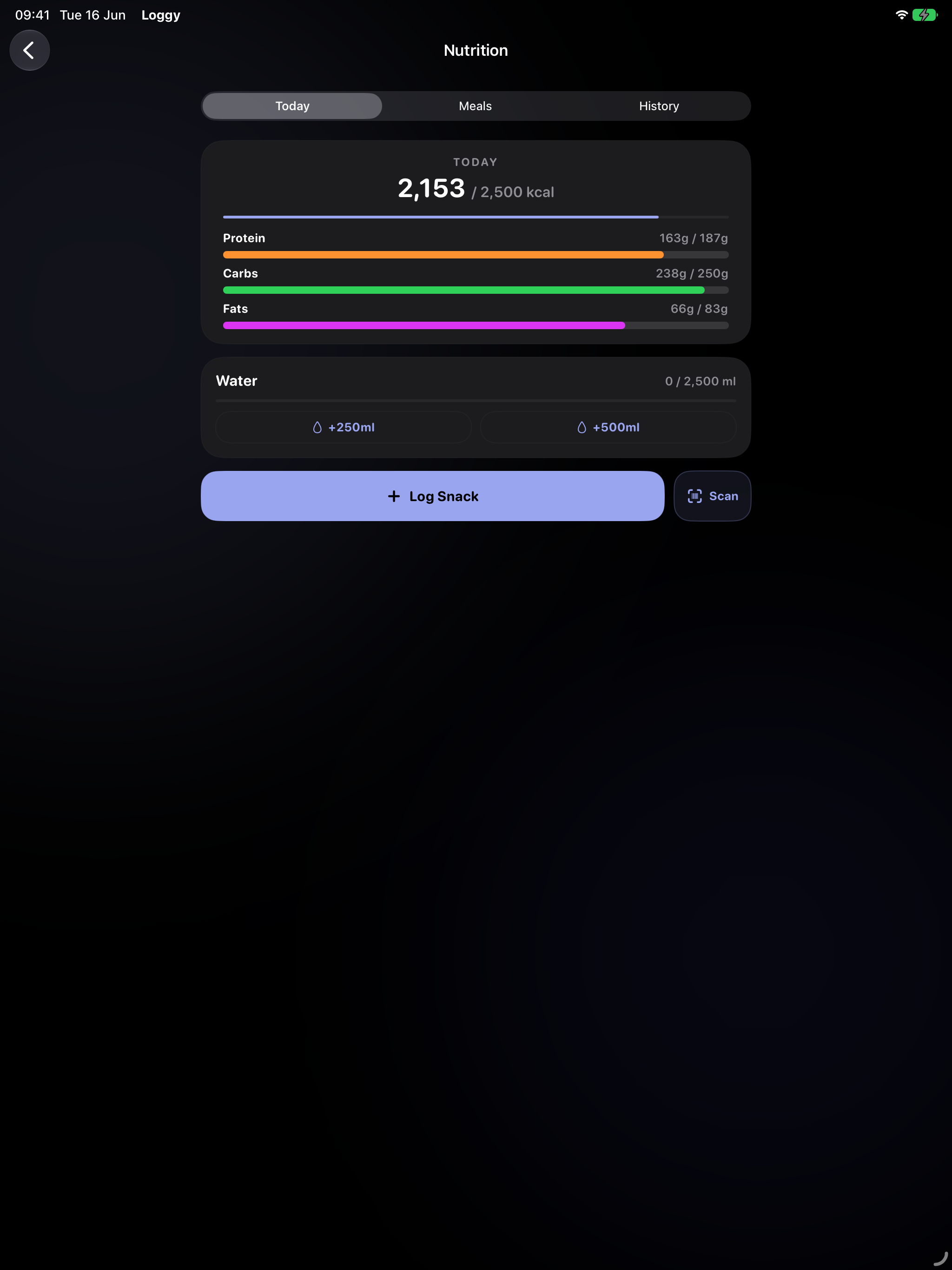 Nutrition tracking screen